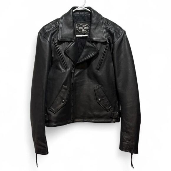 Black leather Biker Zip jacket River Road Moto Motorcycle Racing Mens 42 US L - Picture 1 of 7